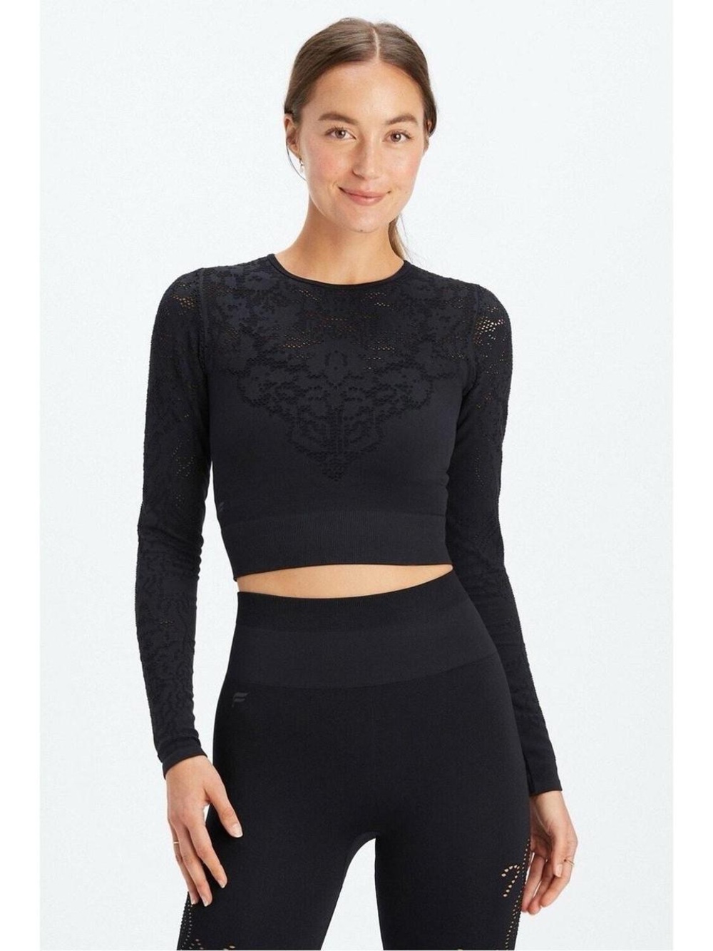 Fabletics Black Seamless Lace-Trim Crop Top